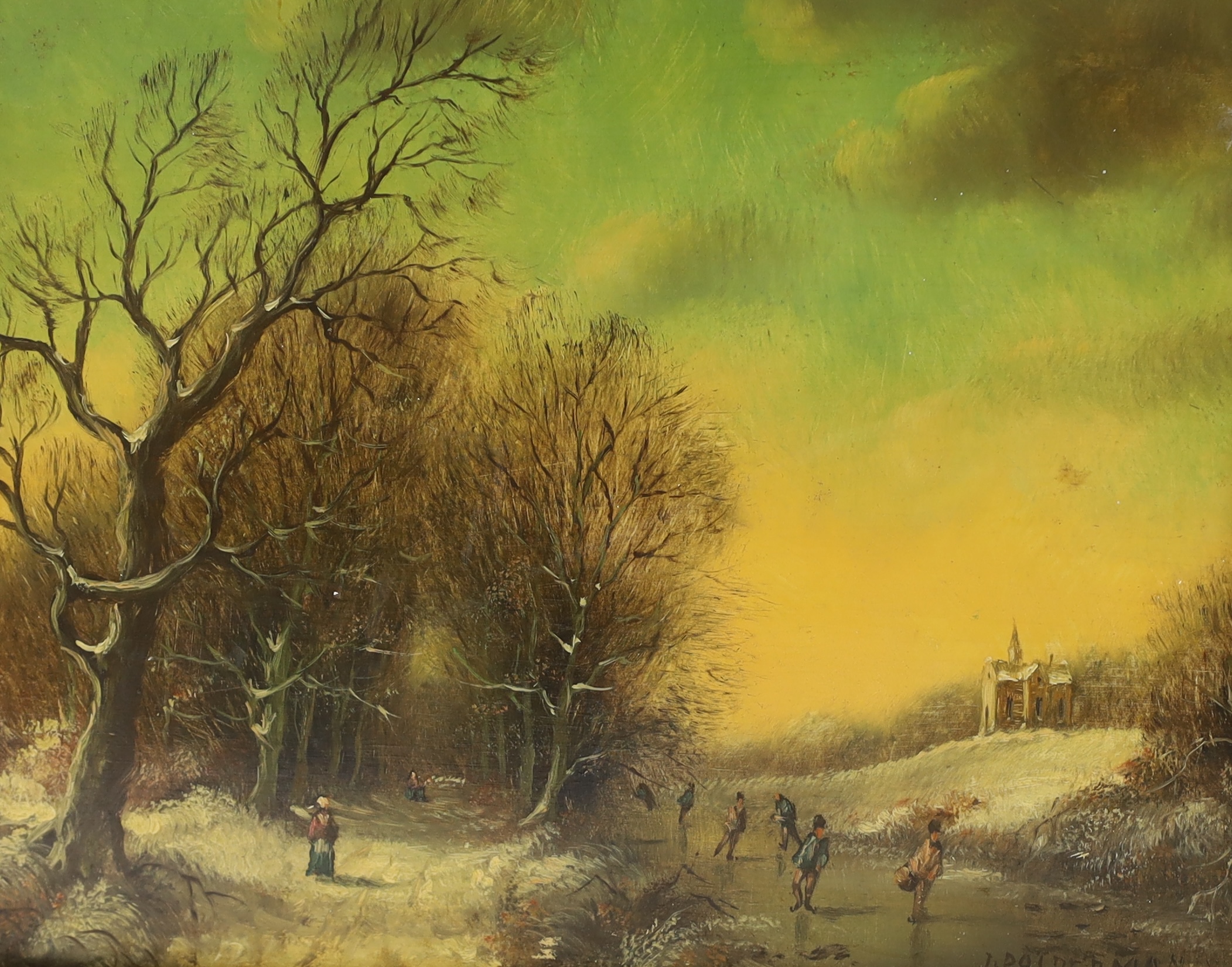 J. Polderman, oil on board, Winter landscape with skaters, signed, 19 x 24cm. Condition - fair to good